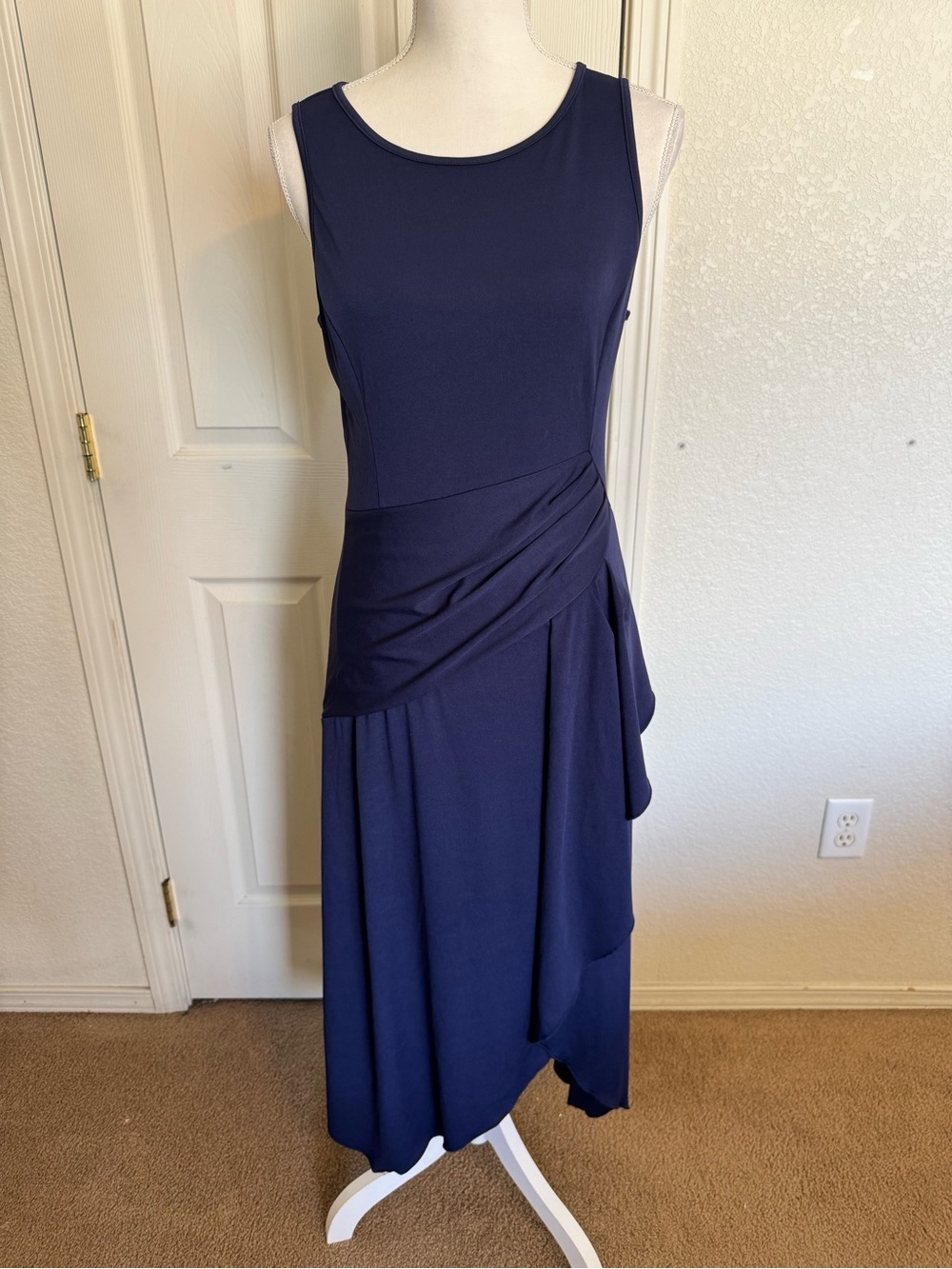 Sleeveless Navy Midi Dress with Draped Waist